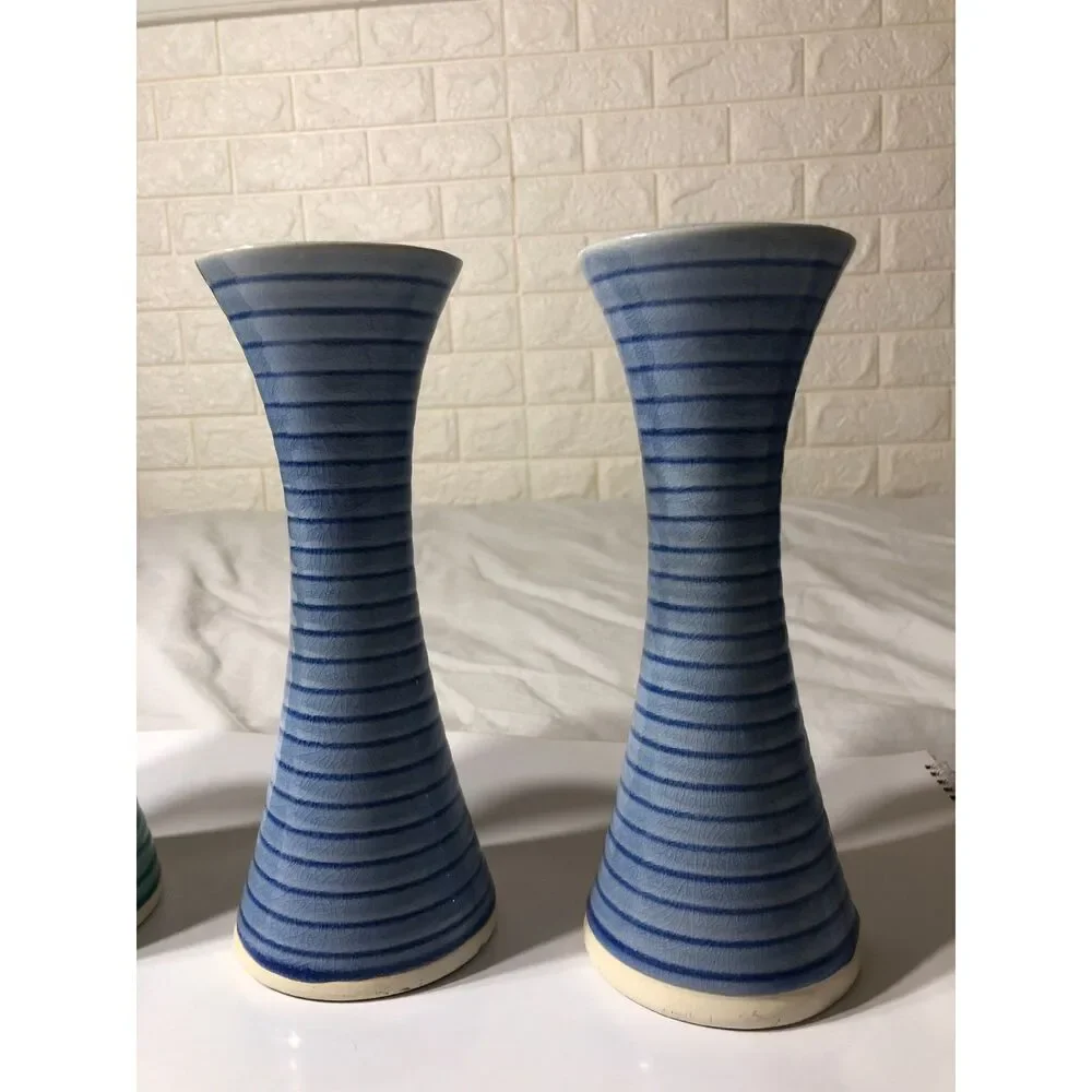 Pair Vintage IKEA Skamt Ceramic Taper Candle Holder Blue or Green Y2K Postmodern